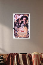 Hook Movie Poster in a cozy movie room above a brown sofa with popcorn.