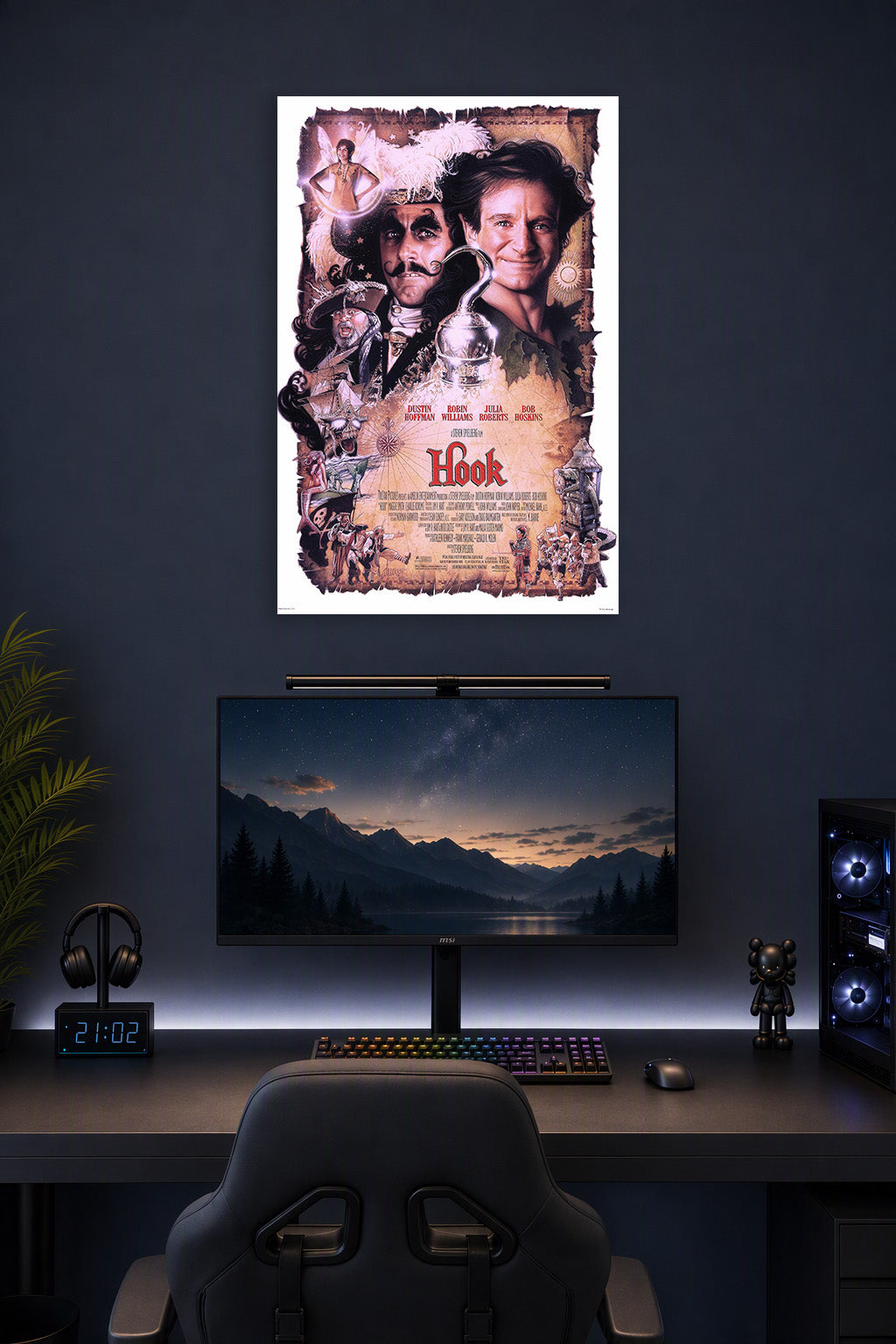 Hook Movie Poster in a gaming desk setup above a monitor.