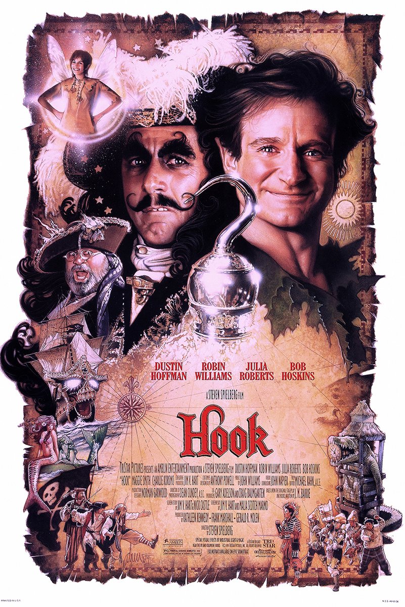 Hook movie poster features Captain Hook, Peter Pan, Tinker Bell, a gleaming hook, pirate ship, and parchment-style map collage.
