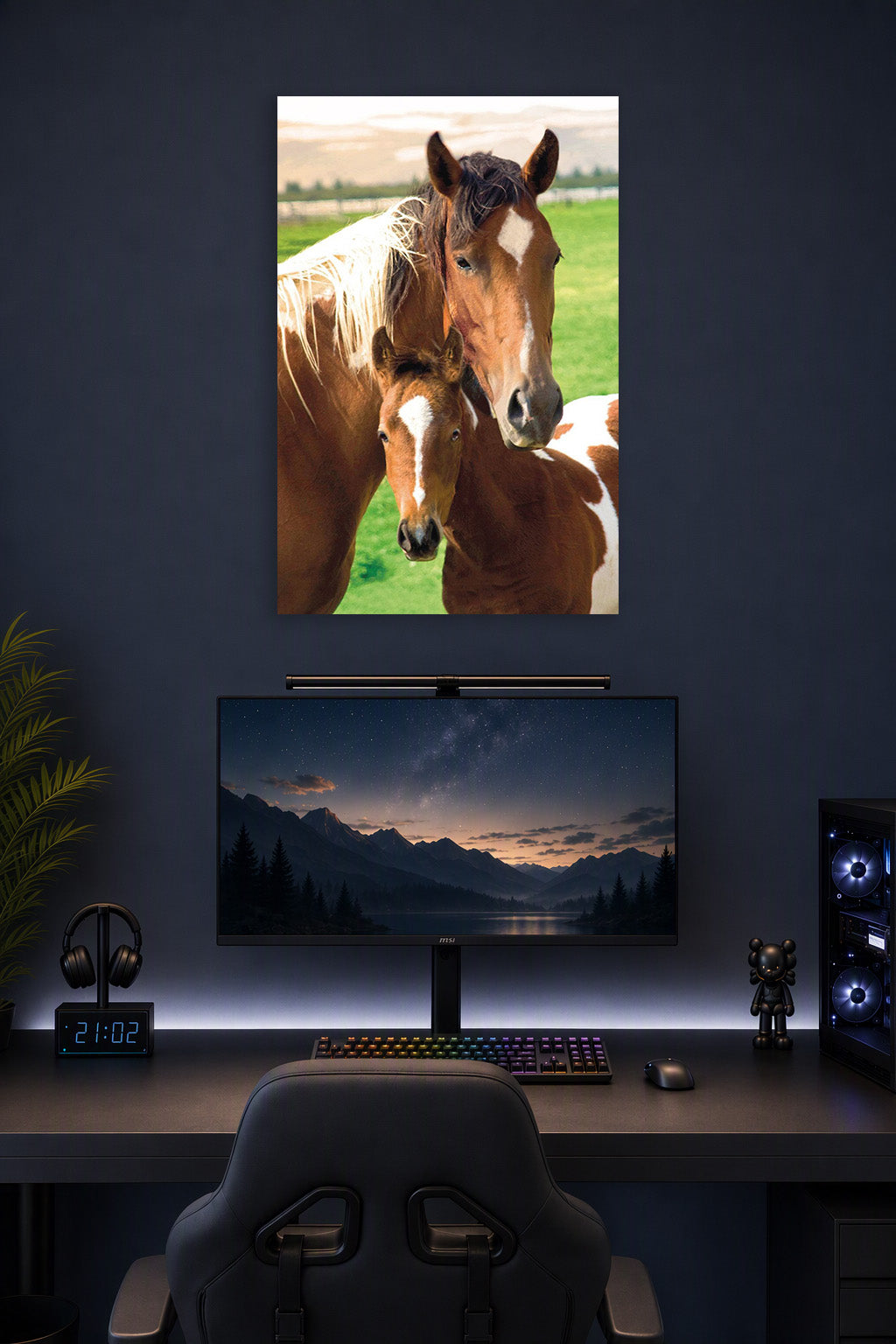 Horse Family in a gaming desk setup above a monitor.