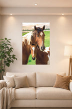 Horse Family in a bright living room above a beige sofa.