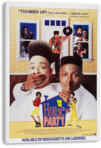 House Party movie poster canvas displays two men in white suits before a doorway, with a vinyl record and bold blue title.