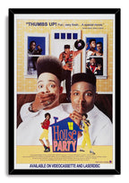 House Party movie poster in a black frame presents two surprised men, window party scenes, yellow wallpaper, and the blue house-shaped title.