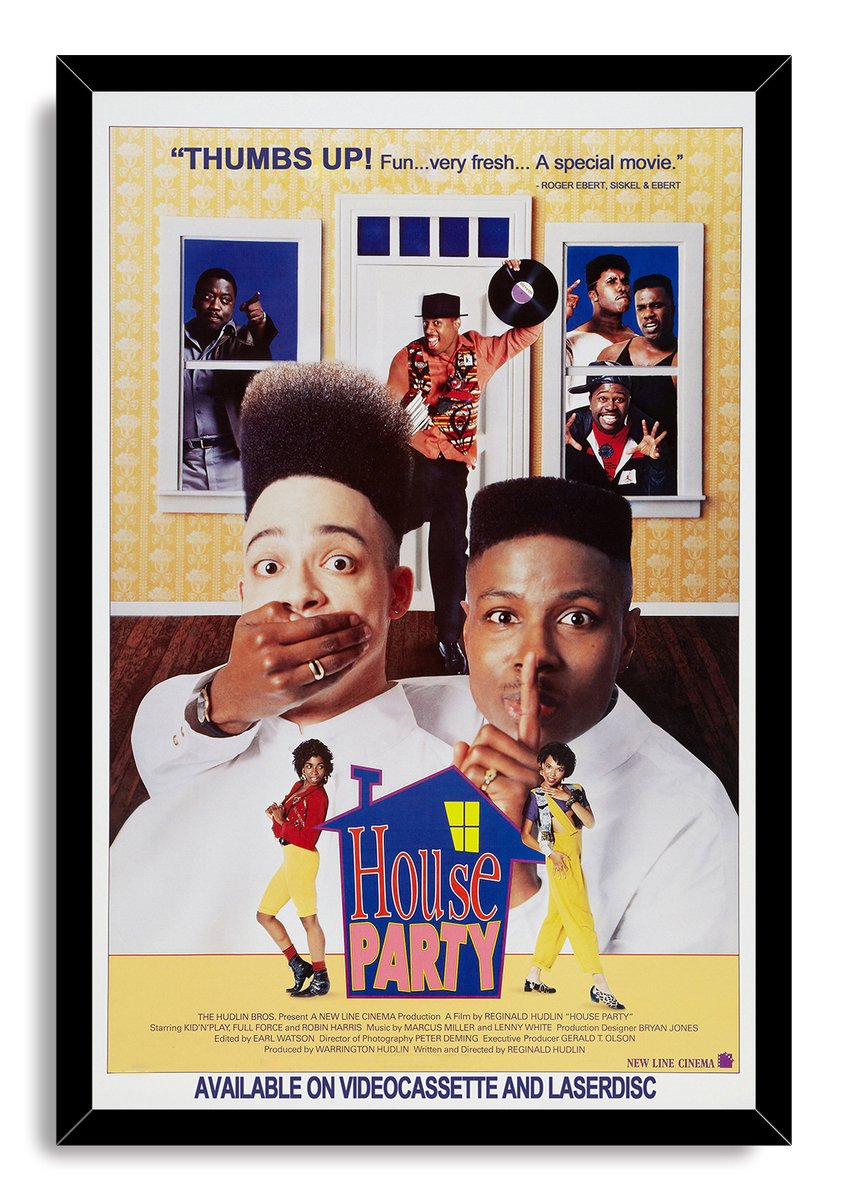 House Party movie poster in a black frame presents two surprised men, window party scenes, yellow wallpaper, and the blue house-shaped title.