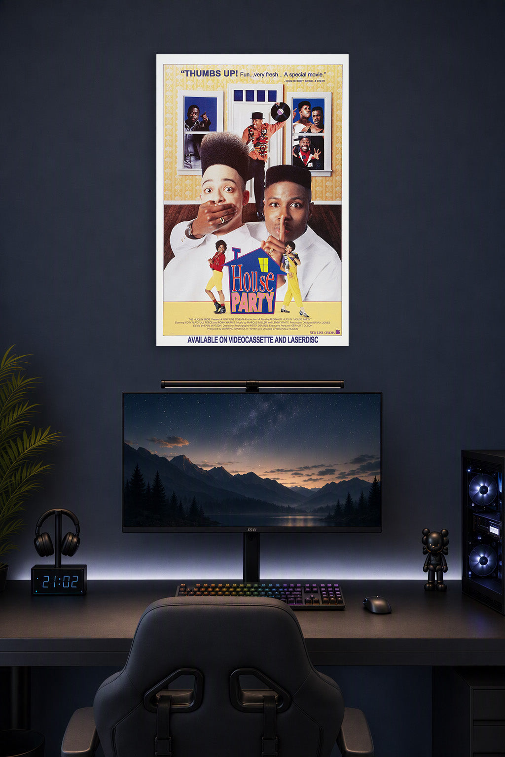 House Party Movie Poster in a gaming desk setup above a monitor.