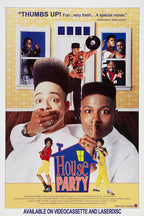House Party movie poster features two men in white suits making hush gestures, partygoers at windows, and a yellow patterned room.