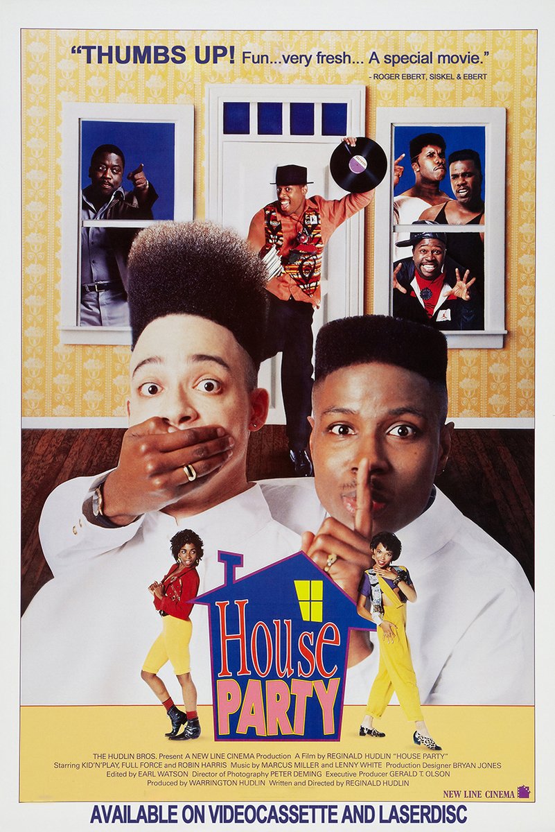 House Party movie poster features two men in white suits making hush gestures, partygoers at windows, and a yellow patterned room.