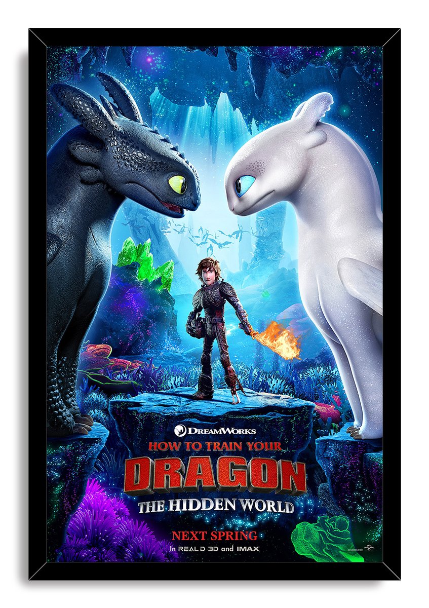 Framed How to Train Your Dragon poster with Toothless, Light Fury, and Hiccup standing in a luminous underground fantasy world.