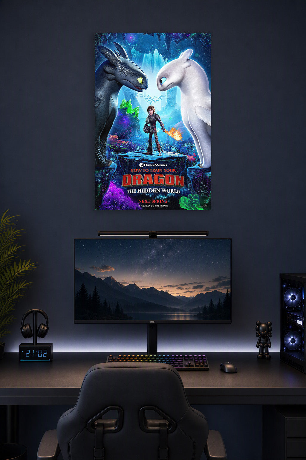 How to Train Your Dragon: The Hidden World in a gaming desk setup above a monitor.