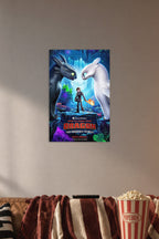 How to Train Your Dragon: The Hidden World in a cozy movie room above a brown sofa with popcorn.