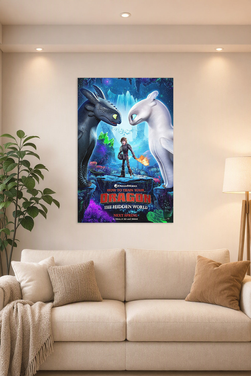 How to Train Your Dragon: The Hidden World in a bright living room above a beige sofa.