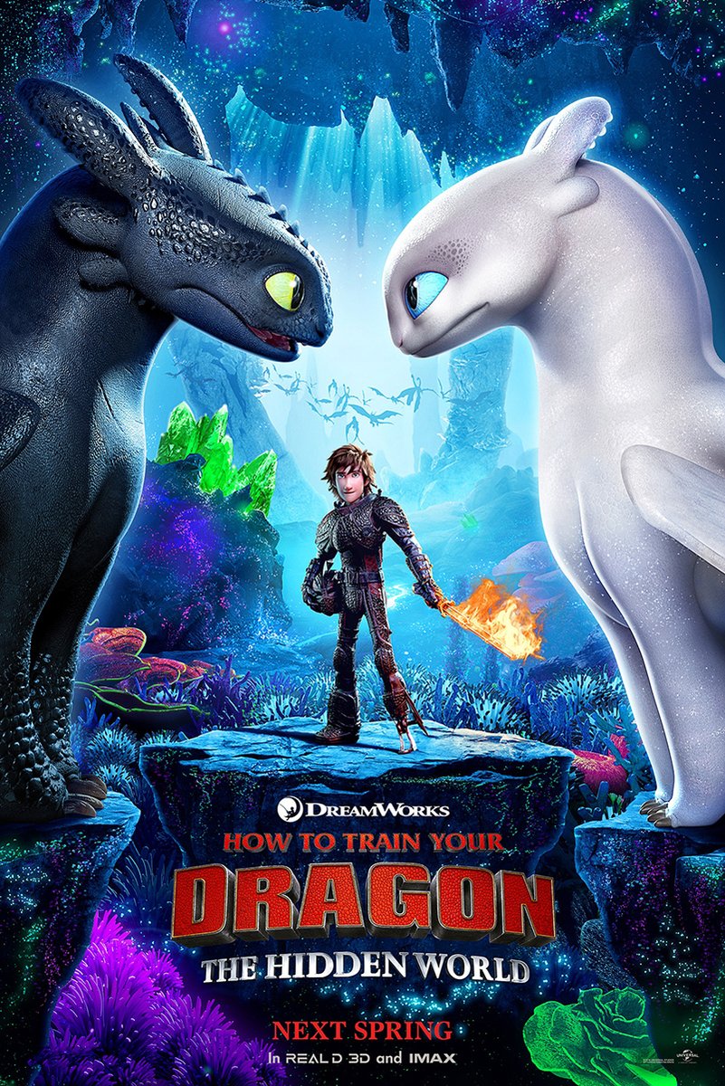 How to Train Your Dragon poster featuring Toothless and the Light Fury beside Hiccup in the glowing blue Hidden World.