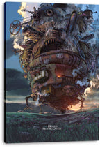 Howl's Moving Castle canvas wall art print displays the walking metal castle with pipes, turrets, smoke, and spindly legs at sunset.