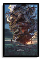Howl's Moving Castle framed wall art print features the intricate steampunk fortress striding across a purple-flowered meadow under clouds.
