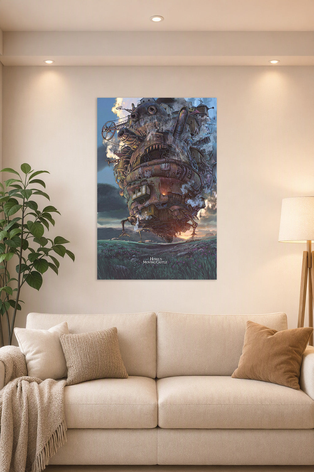 Howl's Moving Castle in a bright living room above a beige sofa.