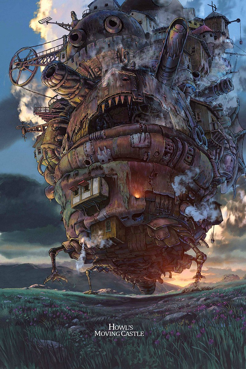 Howl's Moving Castle poster depicts a towering rusted mechanical fortress crossing a flowered green field beneath smoky blue skies.