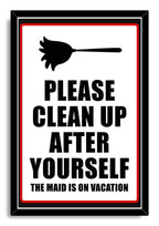 Framed wall art print with a black duster icon, bold black cleaning reminder text, and red outlined white panel.
