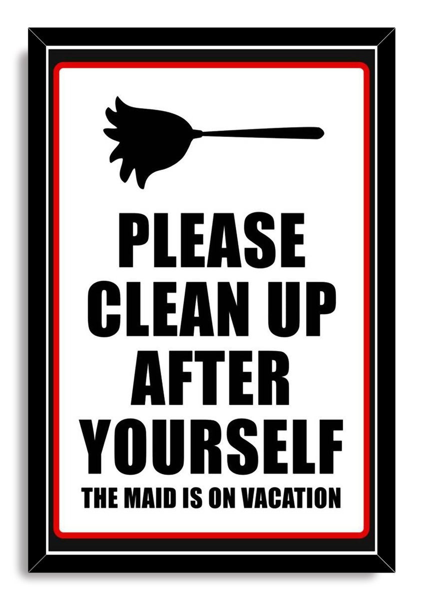 Framed wall art print with a black duster icon, bold black cleaning reminder text, and red outlined white panel.