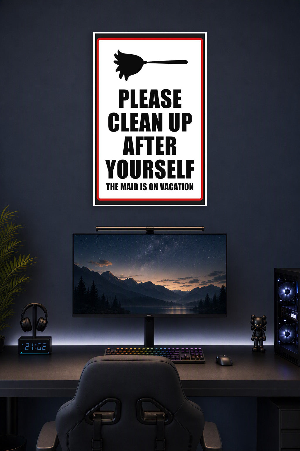 Humorous Cleaning Reminder Sign in a gaming desk setup above a monitor.