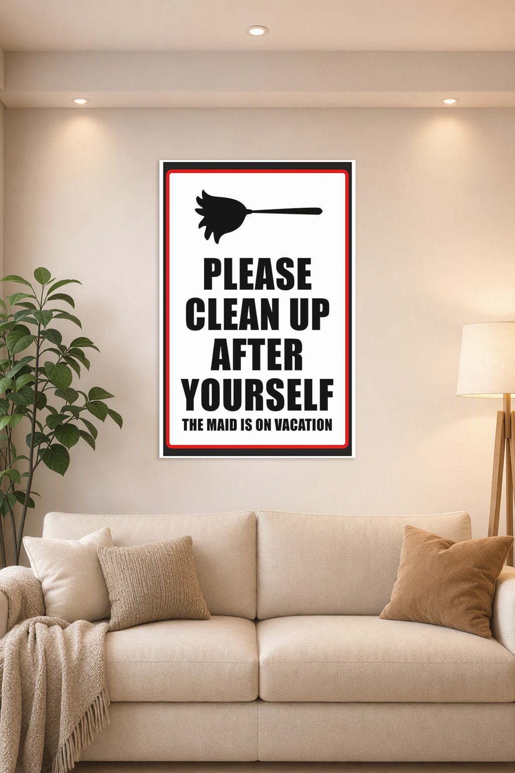 Humorous Cleaning Reminder Sign in a bright living room above a beige sofa.