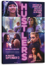 Hustlers canvas wall art print displaying a neon pink vertical title and a collage of six women in vivid purple-blue scenes.
