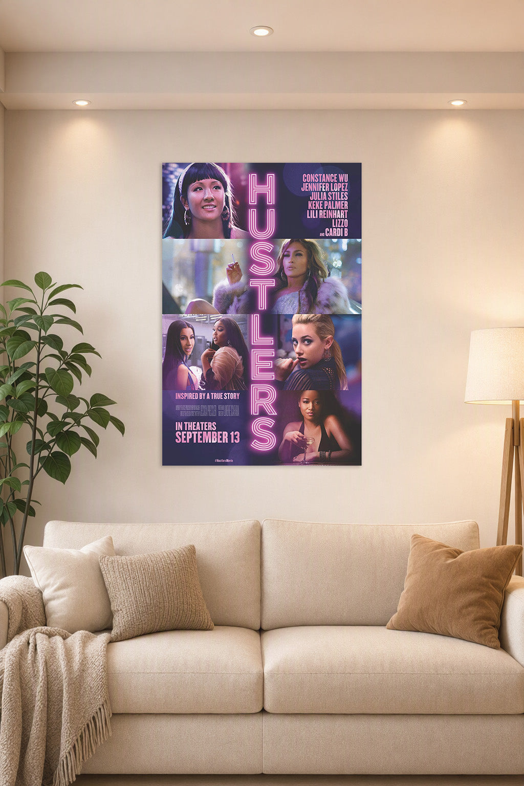 Hustlers Movie Cast in a bright living room above a beige sofa.
