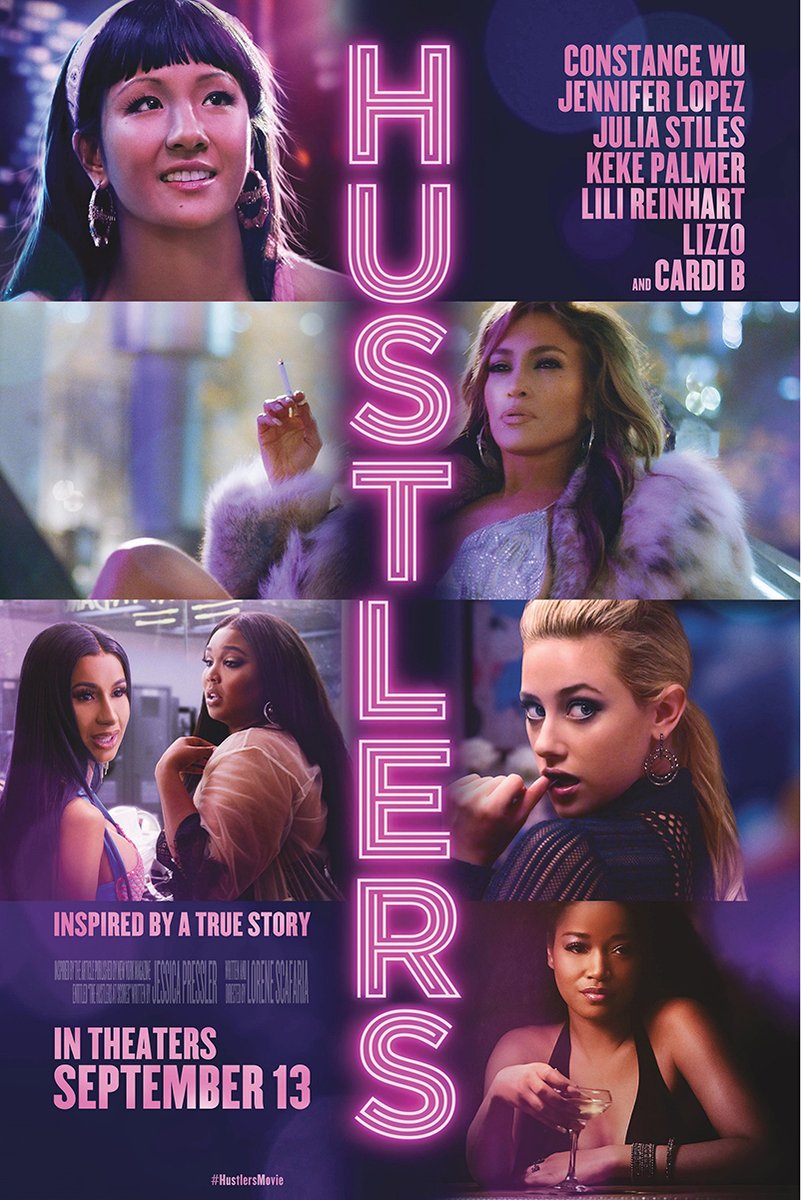 Hustlers poster wall art print with neon pink vertical title, six women in glamorous nightlife scenes, and cast names on purple.