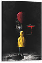 Canvas wall art print of the IT poster, featuring a yellow-coated child, red balloon, hidden clown, and dark rain-soaked ground.