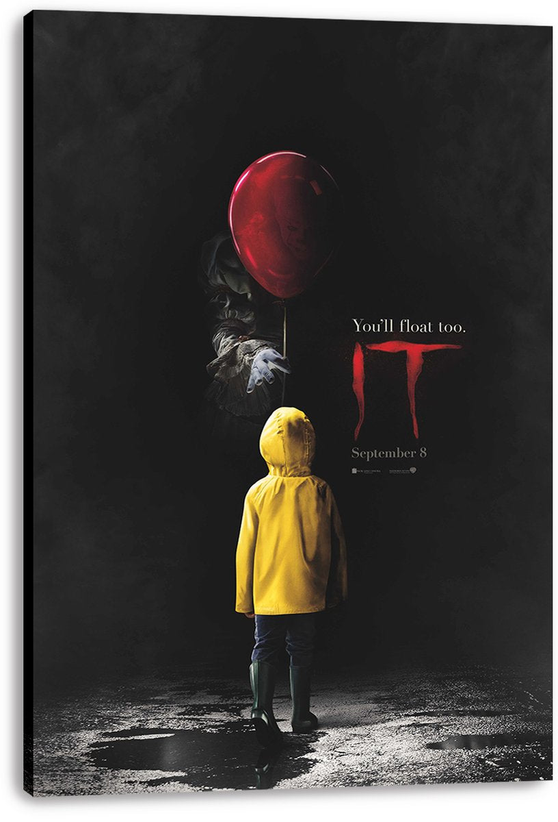 Canvas wall art print of the IT poster, featuring a yellow-coated child, red balloon, hidden clown, and dark rain-soaked ground.