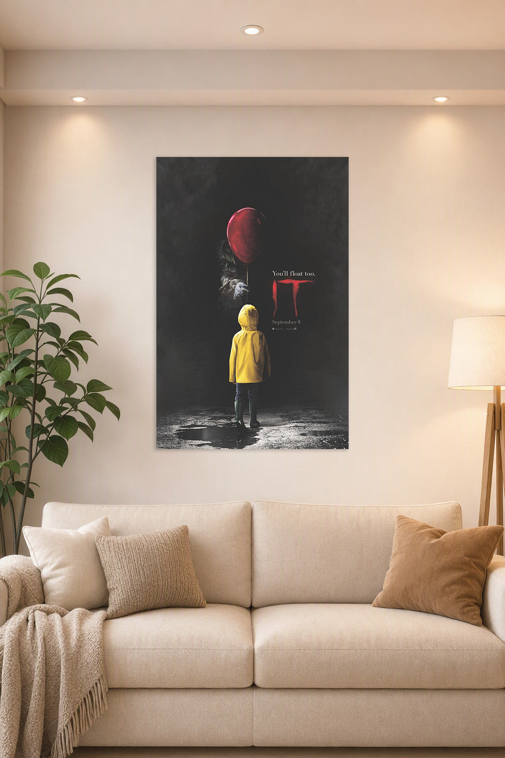 IT Movie Pennywise Red Balloon in a bright living room above a beige sofa.
