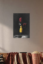 IT Movie Pennywise Red Balloon in a cozy movie room above a brown sofa with popcorn.