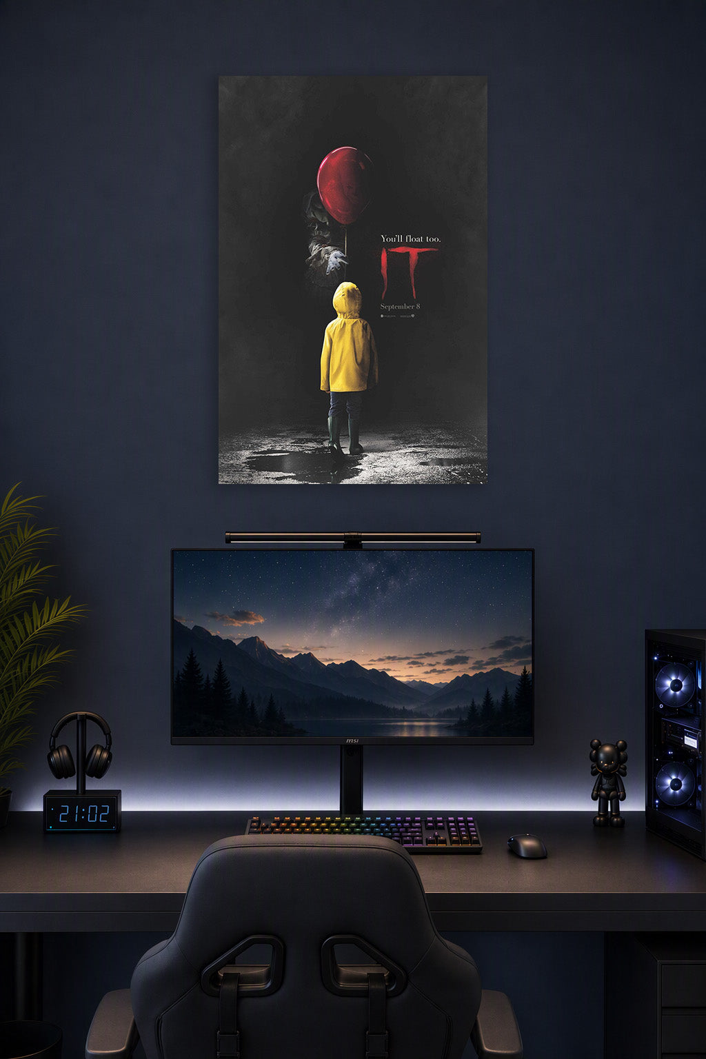 IT Movie Pennywise Red Balloon in a gaming desk setup above a monitor.