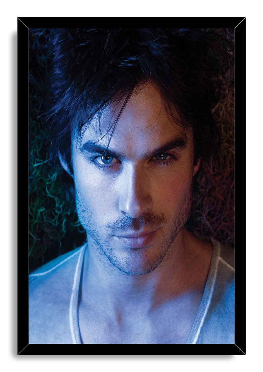 Ian Somerhalder framed wall art print displays a close-up, blue-lit portrait with dark hair and stubble inside a sleek black frame.