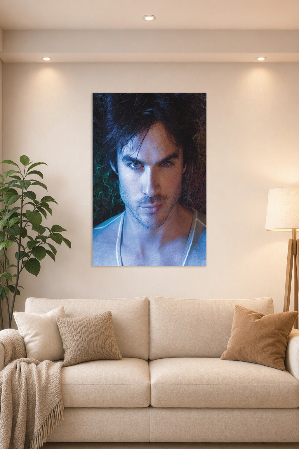Ian Somerhalder in a bright living room above a beige sofa.