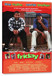 Friday movie poster canvas featuring Ice Cube and Chris Tucker seated on a porch, presented with visible wrapped canvas edges.