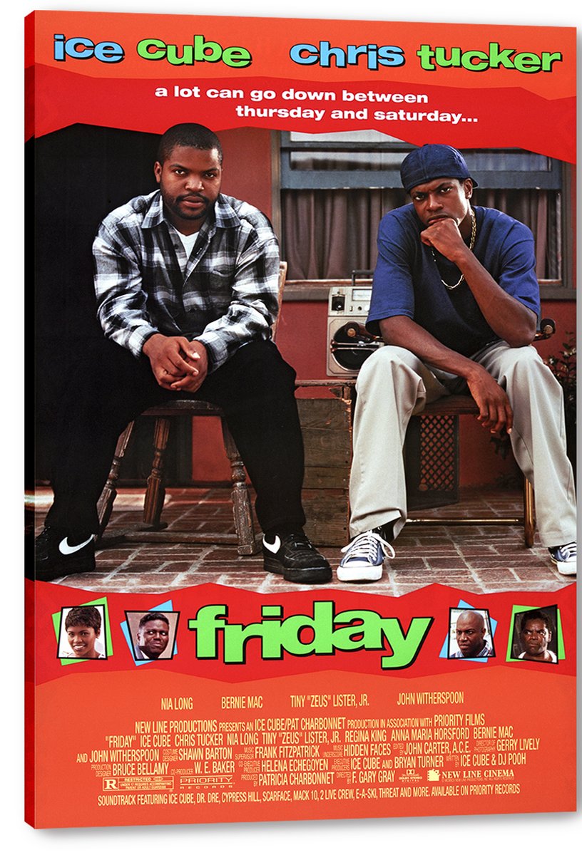 Friday movie poster canvas featuring Ice Cube and Chris Tucker seated on a porch, presented with visible wrapped canvas edges.