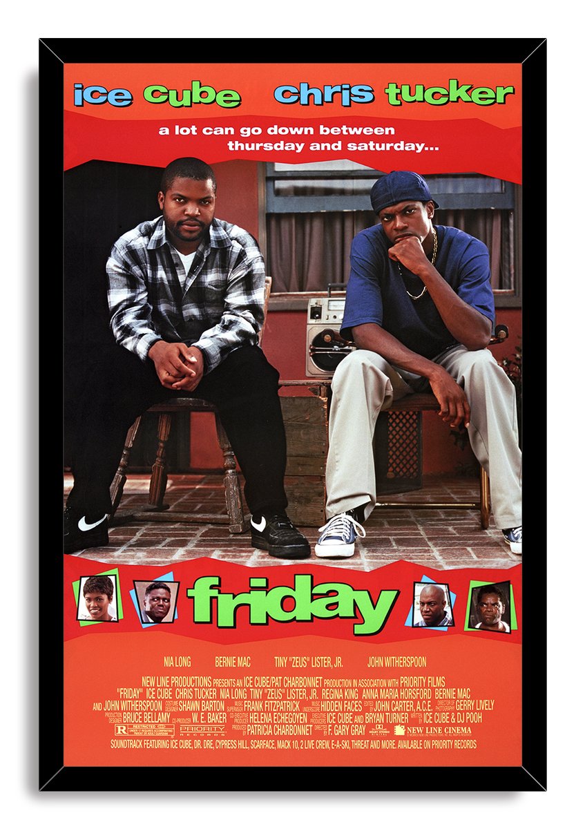 Friday movie poster wall art print in a black frame, featuring Ice Cube and Chris Tucker seated with a boombox between them.