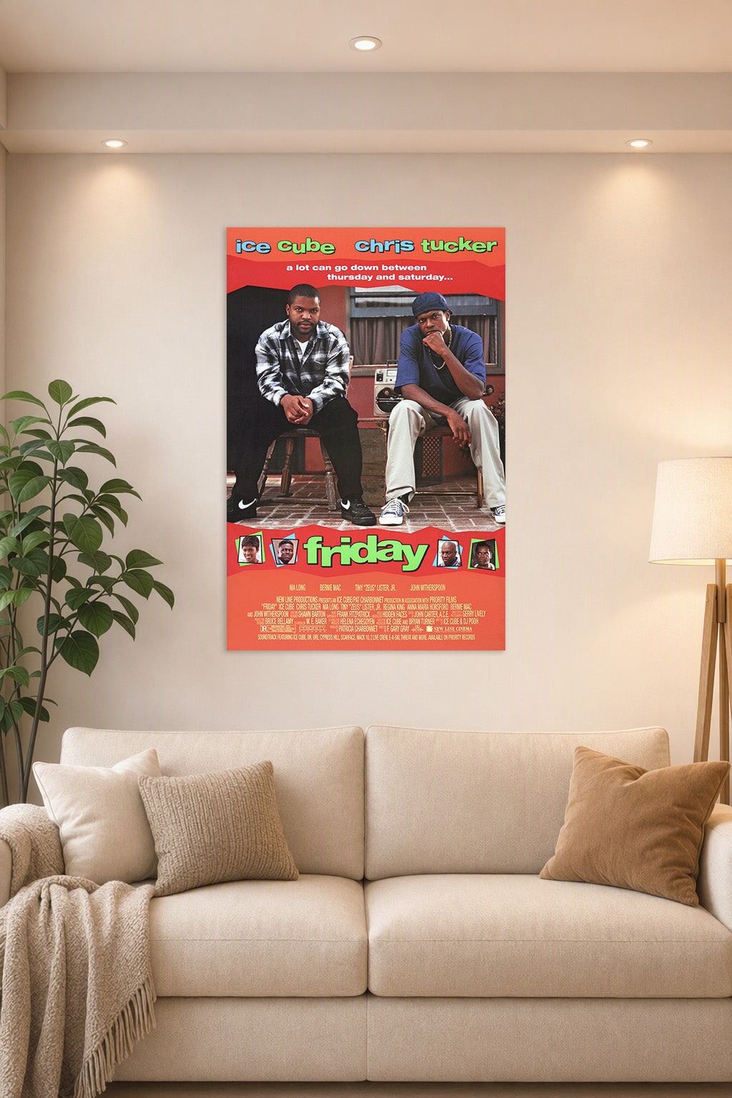 Ice Cube Chris Tucker Friday Movie in a bright living room above a beige sofa.