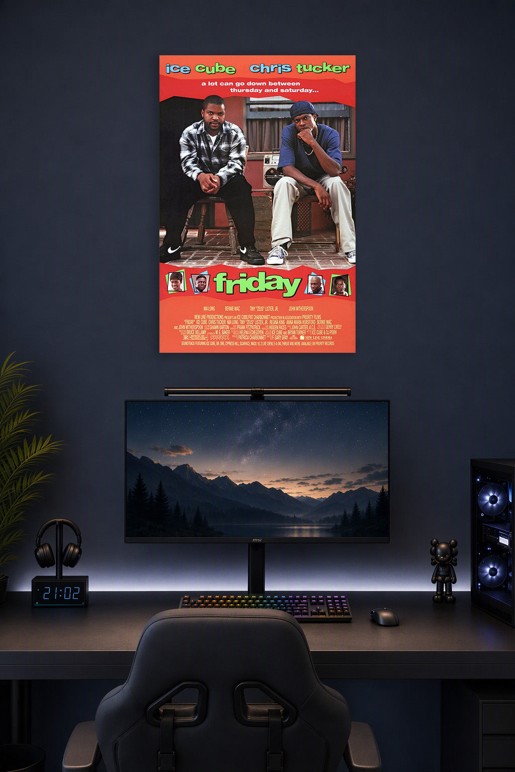 Ice Cube Chris Tucker Friday Movie in a gaming desk setup above a monitor.