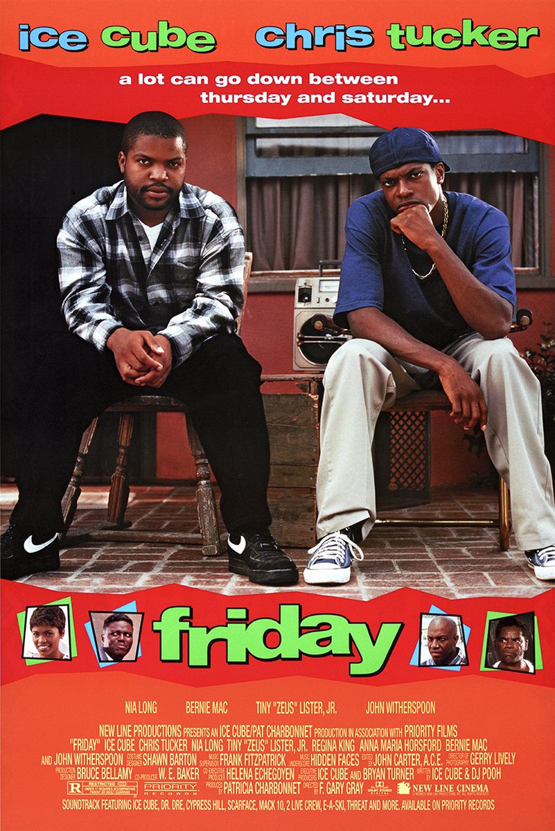 Friday movie poster wall art print featuring Ice Cube and Chris Tucker seated beside a boombox, with bold red graphics.