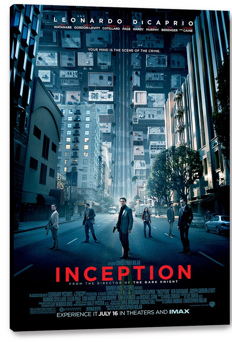 Inception wall art print on a wrapped canvas depicts suited figures below an inverted blue cityscape and bold red title lettering.