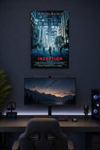 Inception Movie Poster in a gaming desk setup above a monitor.