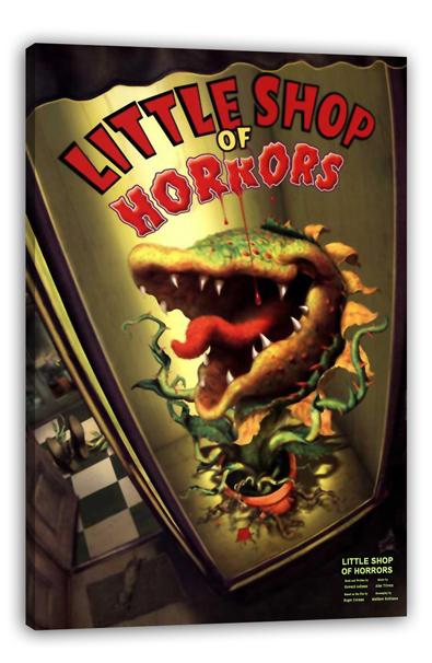 Little Shop of Horrors wall art print displays the red logo over a fanged green-and-yellow plant amid twisting vines.