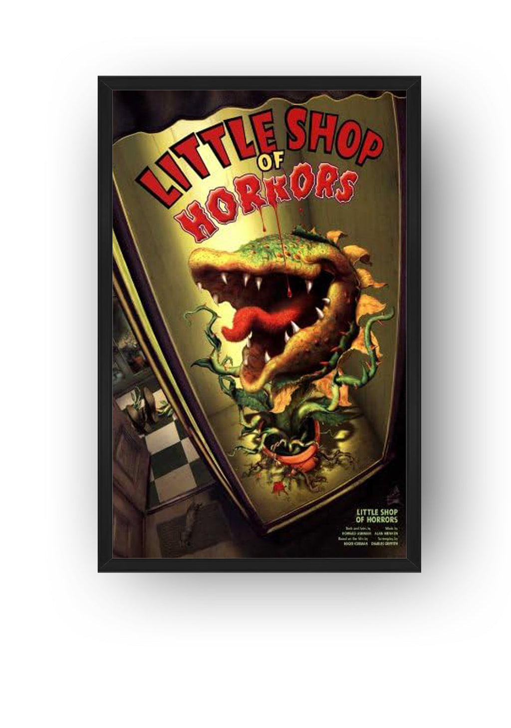 Little Shop of Horrors framed poster presents a toothy carnivorous plant, red tongue, curling vines, and bold red title text.
