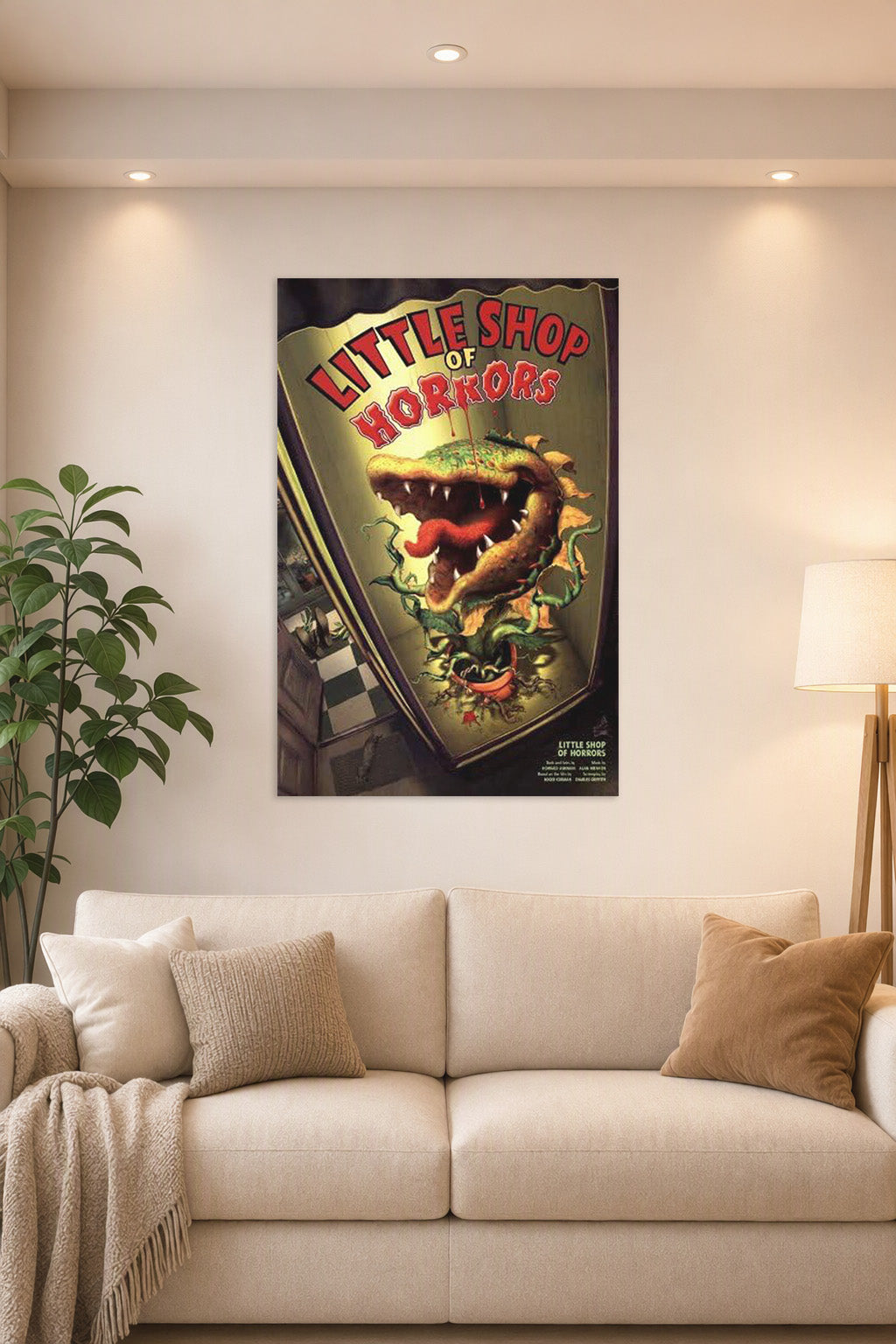Incline Wholesale Movie Posters Little Shop of Horrors Broadway in a bright living room above a beige sofa.