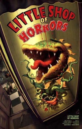 Little Shop of Horrors poster features red title lettering above a snarling carnivorous plant with teeth and a red tongue.