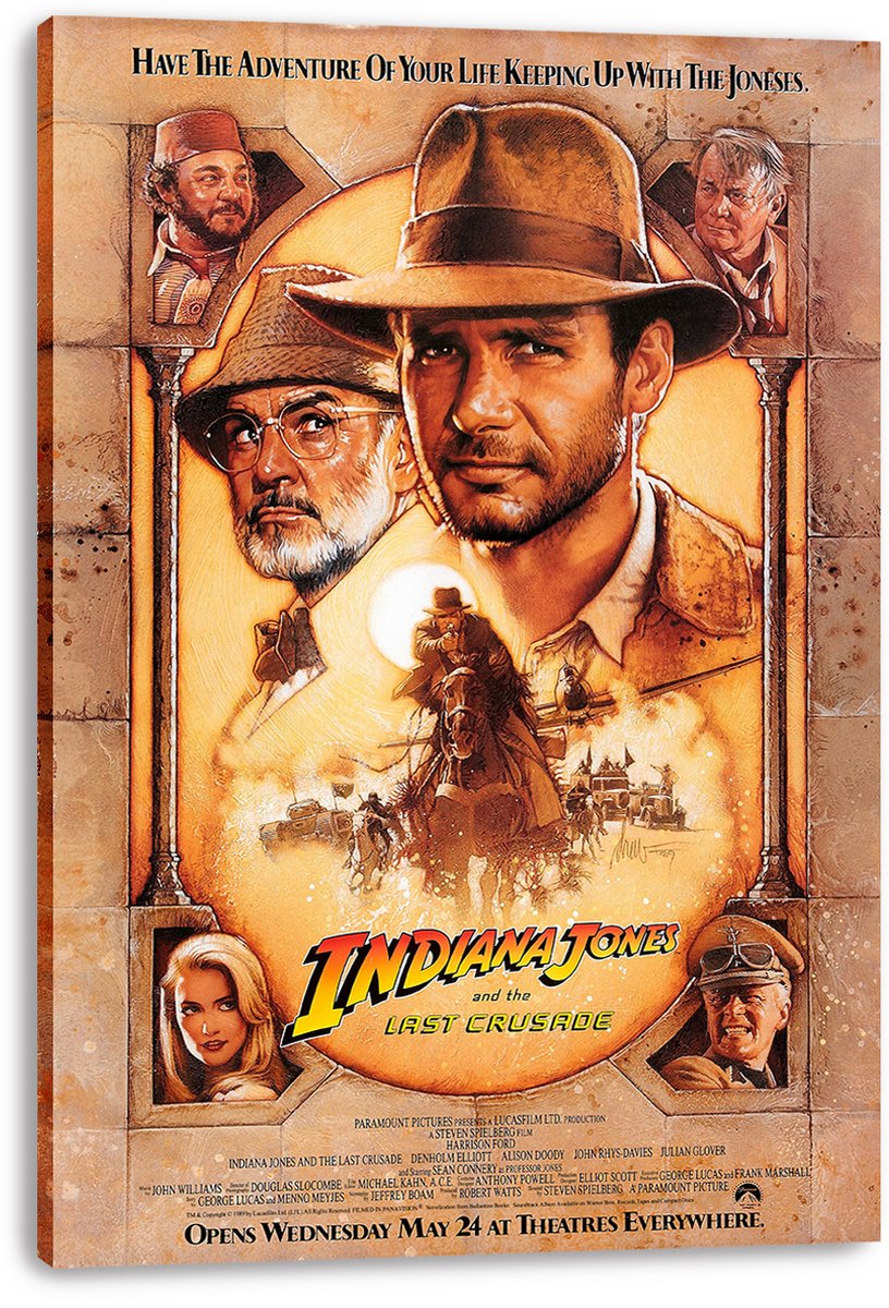Indiana Jones and the Last Crusade canvas wall art print displays a fedora-clad hero, character portraits, and horse chase in warm gold tones.