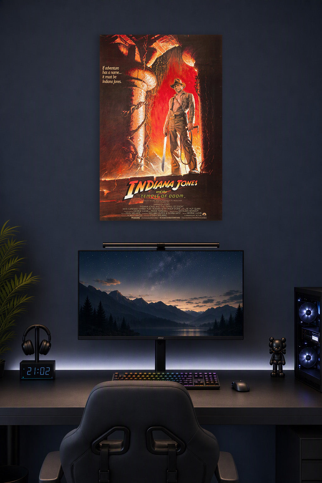 Indiana Jones Temple of Doom in a gaming desk setup above a monitor.