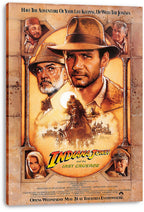 Indiana Jones and the Last Crusade canvas wall art print displays the fedora-wearing hero, his father, portraits, and a dusty horseback pursuit.