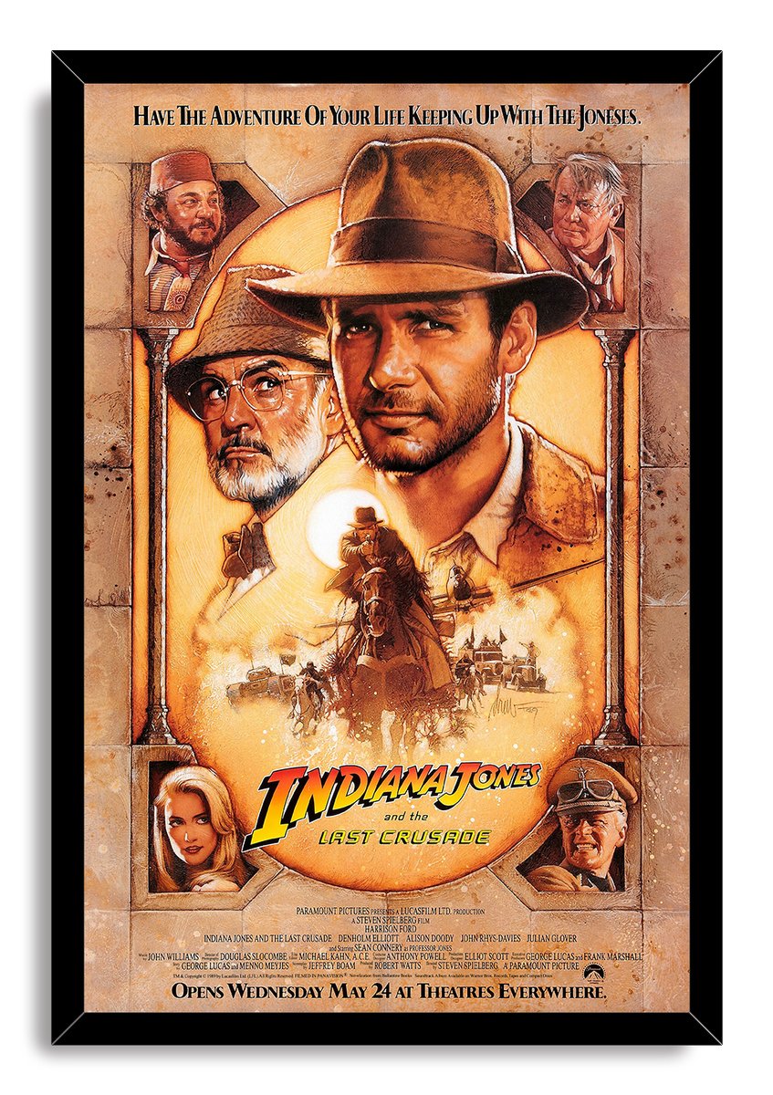 Indiana Jones and the Last Crusade framed wall art print presents a golden adventure collage with Indiana, his father, portraits, and riders.